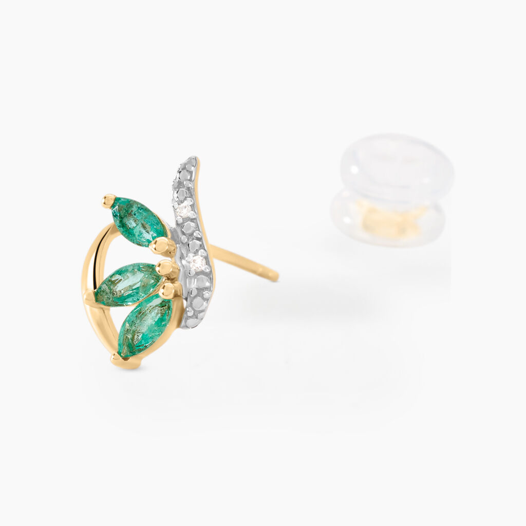 Boucles D'oreilles Puces Or Bicolore Petale Emeraude Diamant - Boucles d'oreilles pierres pr&eacute;cieuses Femme | Histoire d&rsquo;Or