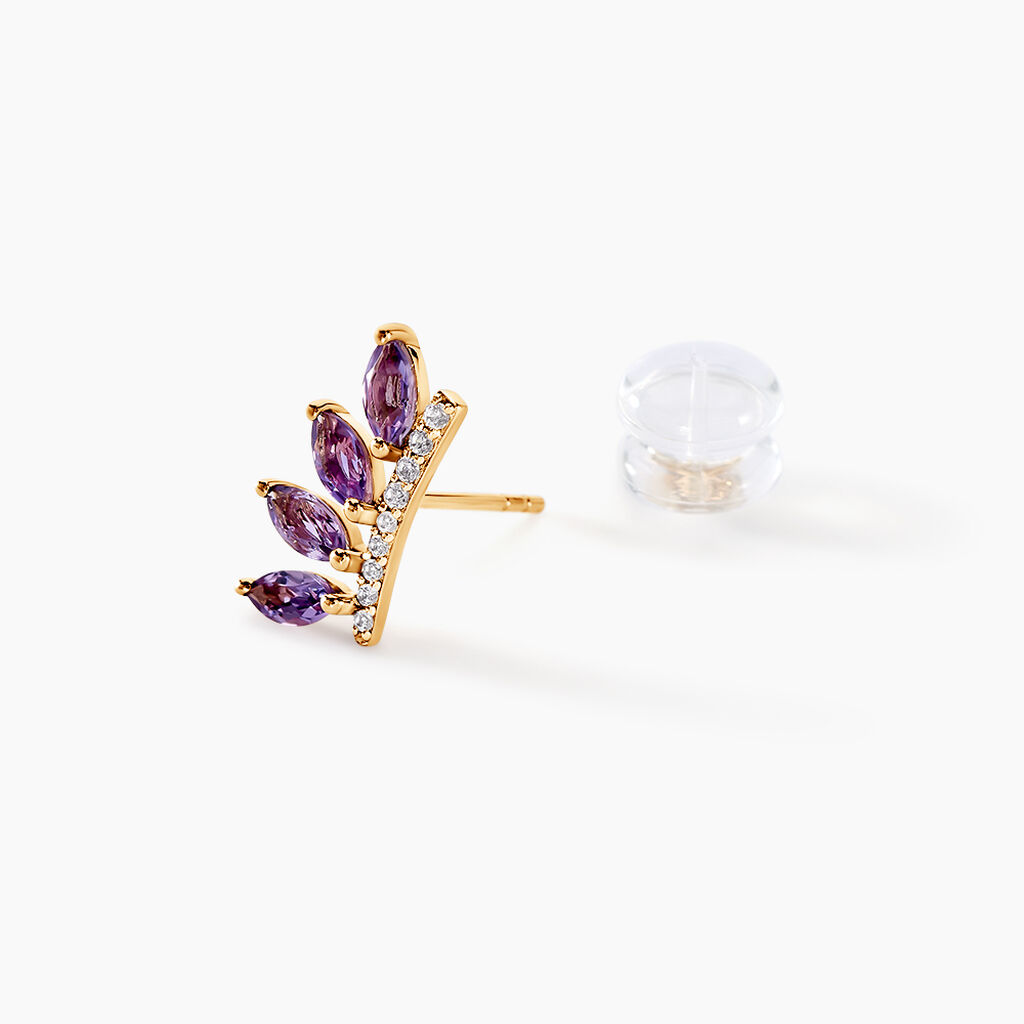 Boucles D'oreilles Puces Tiara Or Jaune Am&eacute;thyste Oxyde De Zirconium - Boucles d'oreilles empierr&eacute;es Femme | Histoire d&rsquo;Or