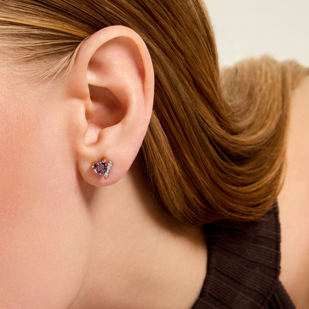 Boucles D'Oreilles Puces Eva Argent Dor&eacute; A L'Or 750/1000 Am&eacute;thyste Oxyde De Zirconium - Boucles d'oreilles empierr&eacute;es Femme | Histoire d&rsquo;Or