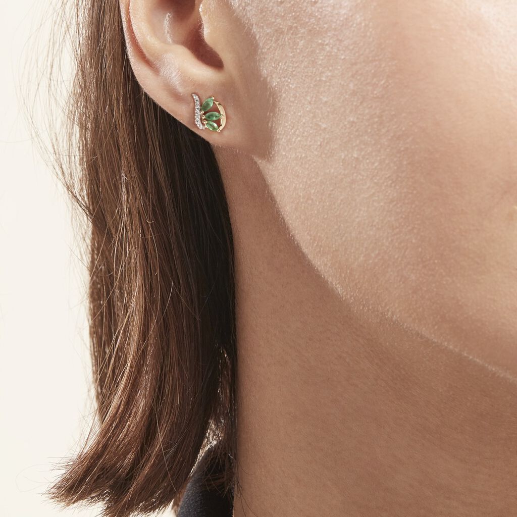 Boucles D'oreilles Puces Or Bicolore Petale Emeraude Diamant - Boucles d'oreilles pierres pr&eacute;cieuses Femme | Histoire d&rsquo;Or