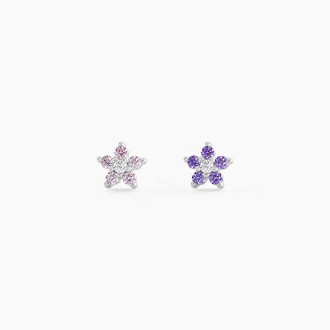 Boucles D'oreilles Puces Purple Bloom Argent Blanc Oxyde De Zirconium - Boucles d'oreilles empierr&eacute;es Femme | Histoire d&rsquo;Or