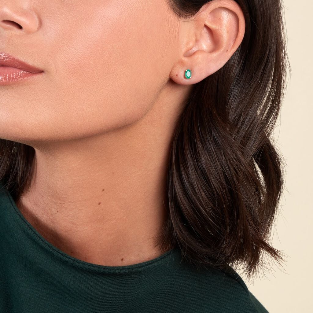 Boucles D'oreilles Puces Ovale Or Blanc Emeraude - Boucles d'oreilles pierres pr&eacute;cieuses Femme | Histoire d&rsquo;Or