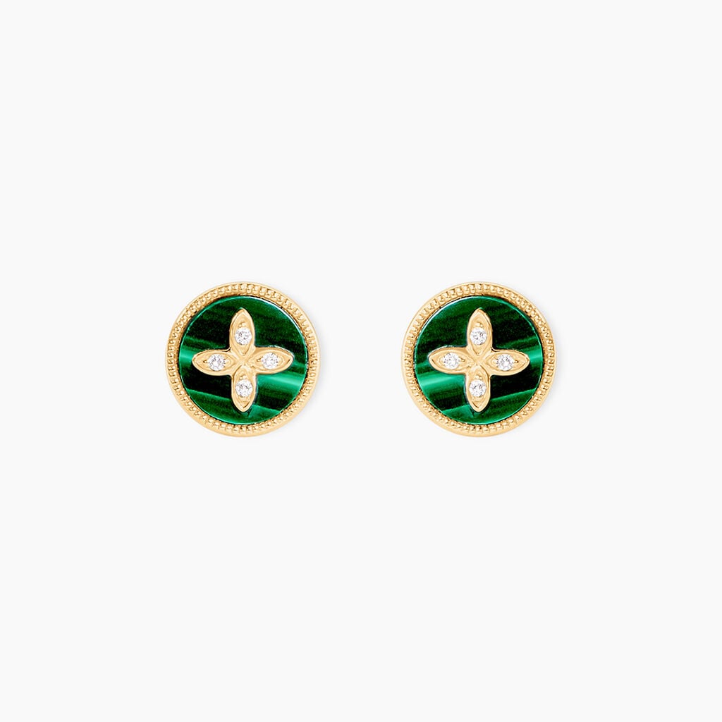 Boucles D'Oreilles Puces Talisman Or Jaune Malachite Diamant - Boucles d'oreilles empierr&eacute;es Femme | Histoire d&rsquo;Or
