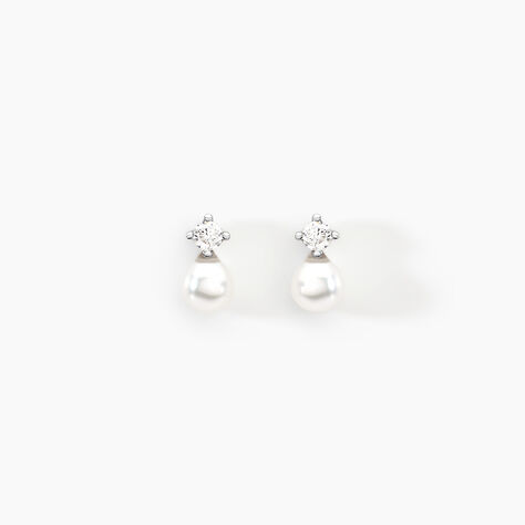 Boucles D'oreilles Puces Eolande Or Blanc Perle De Culture Et Oxyde - Clous d'oreilles Femme | Histoire d&rsquo;Or