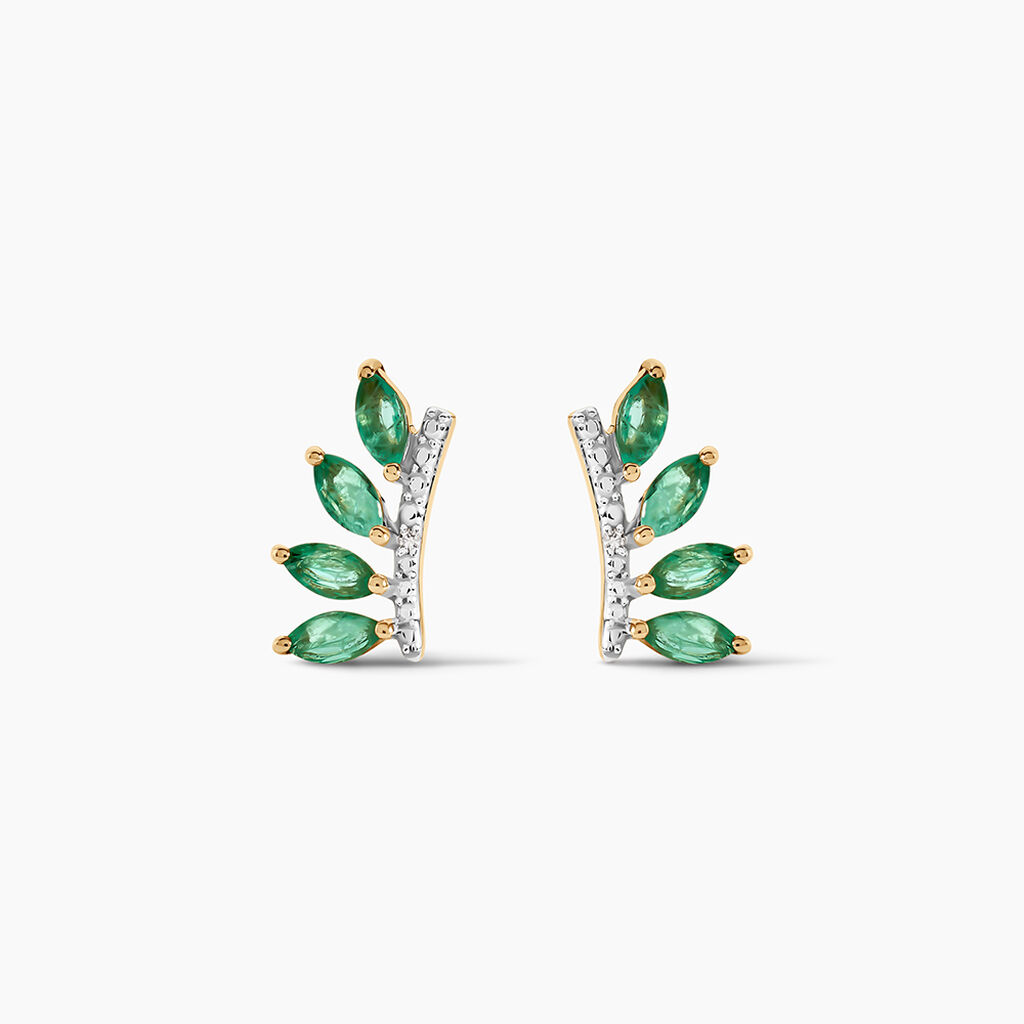 Boucles D'oreilles Puces Navette Or Jaune Emeraude Diamant - Boucles d'oreilles pierres pr&eacute;cieuses Femme | Histoire d&rsquo;Or