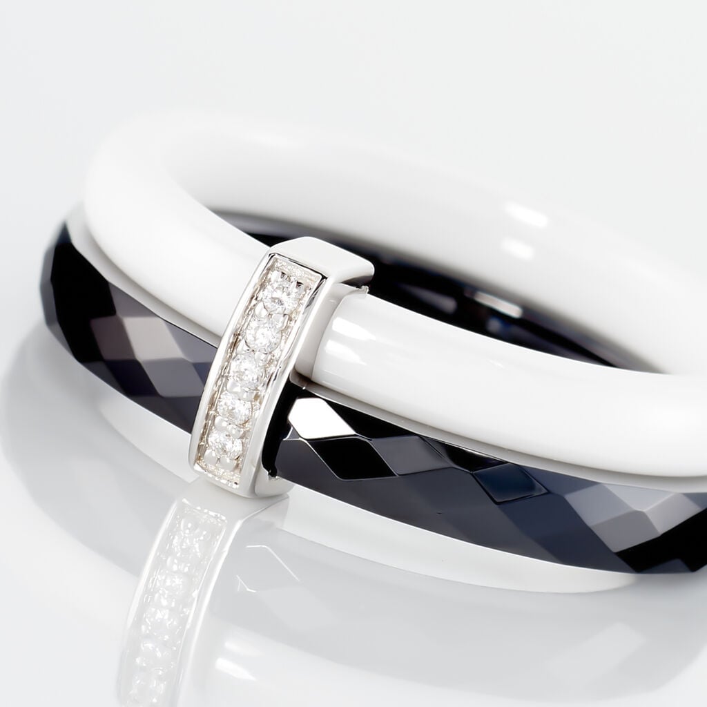 Bague Barette Bicolore Ceramique Argent Blanc Oxyde De Zirconium - Bagues avec pierre Femme | Histoire d&rsquo;Or