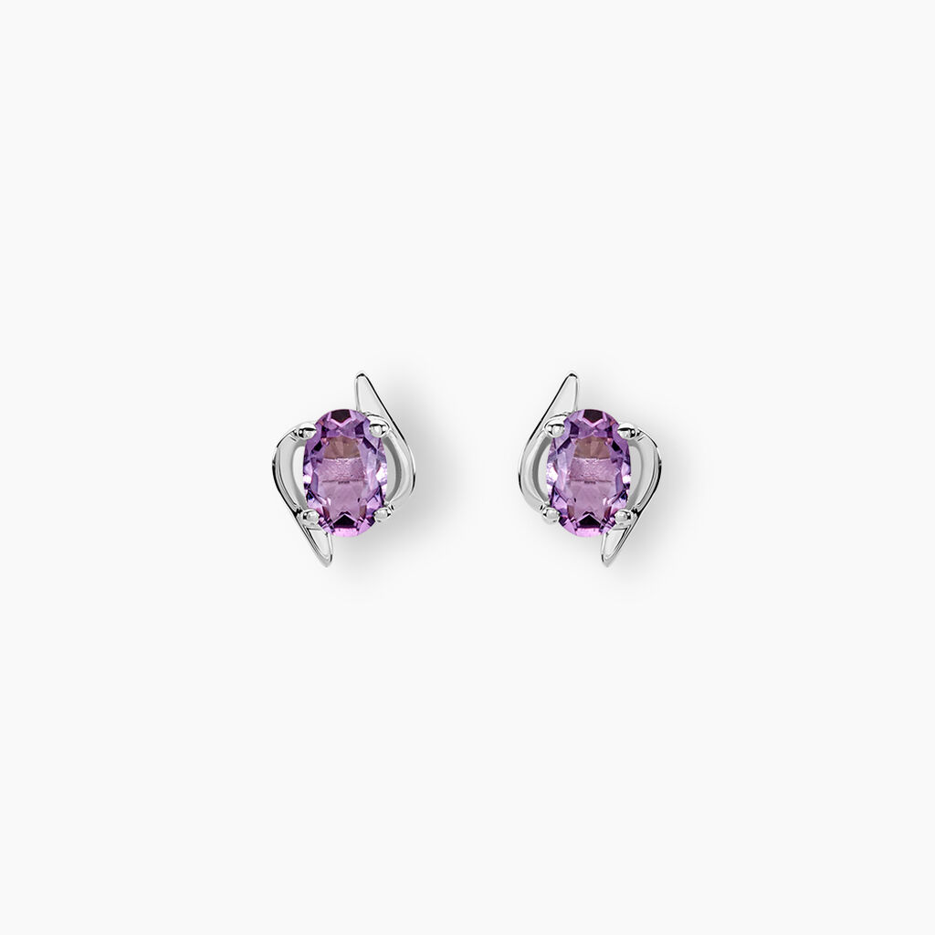Boucles D'oreilles Puces Vrille Ovale Or Blanc Amethyste - Boucles d'oreilles empierr&eacute;es Femme | Histoire d&rsquo;Or