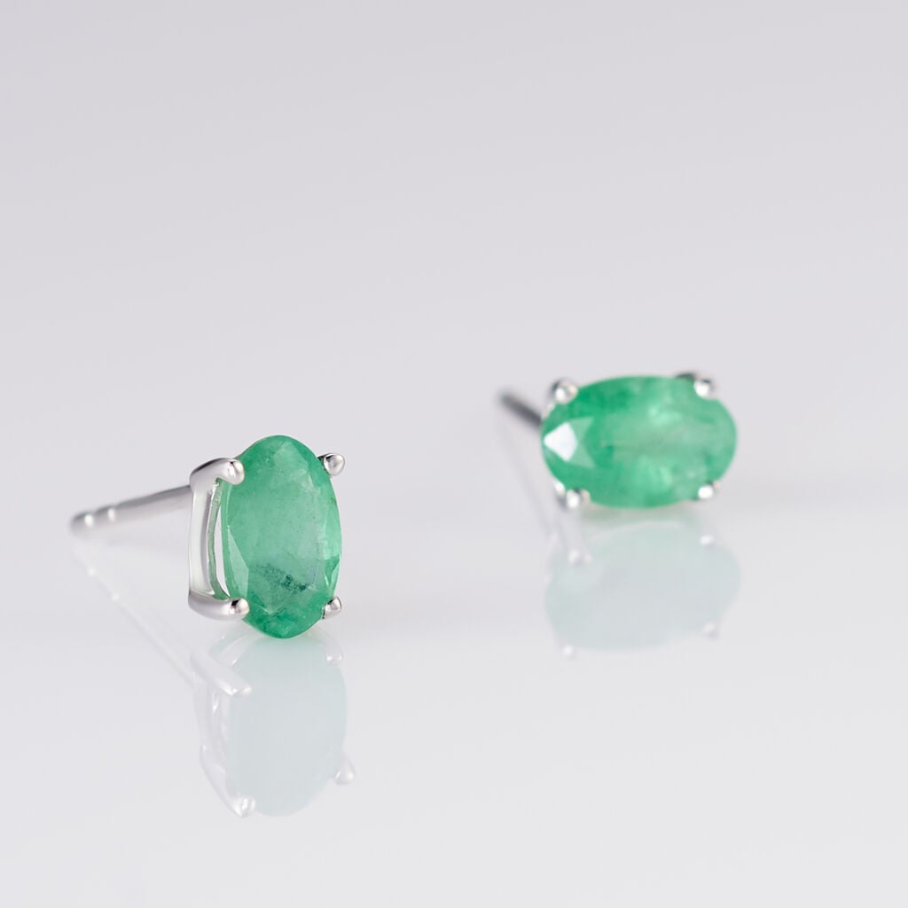 Boucles D'oreilles Puces Ovale Or Blanc Emeraude - Boucles d'oreilles pierres pr&eacute;cieuses Femme | Histoire d&rsquo;Or
