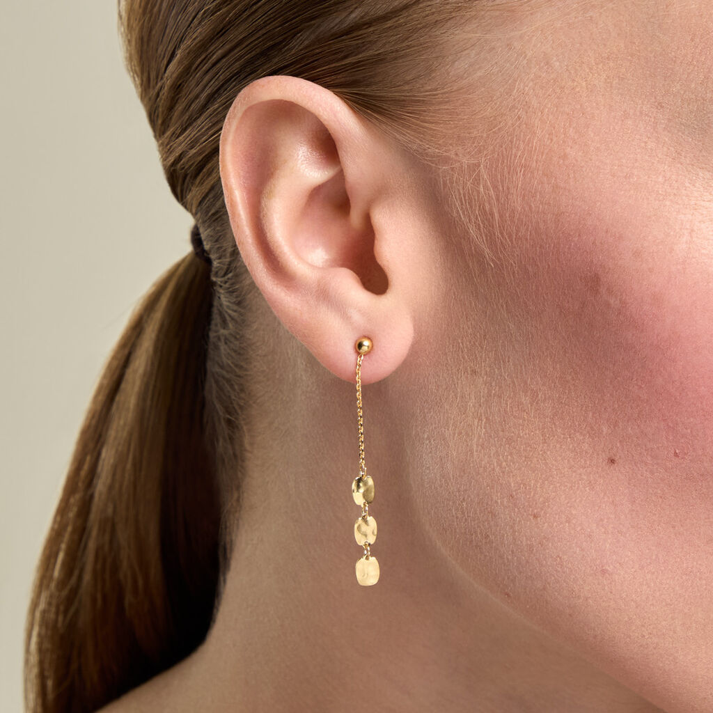 Boucles D'Oreilles Pendantes Lueur Argent Dor&eacute; A L'Or 750/1000 - Boucles d'oreilles martel&eacute;es Femme | Histoire d&rsquo;Or